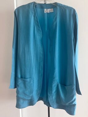 James River Traders Stylish Unlined Blazer Jacket Teal Sky Blue 100% Silk Sz L